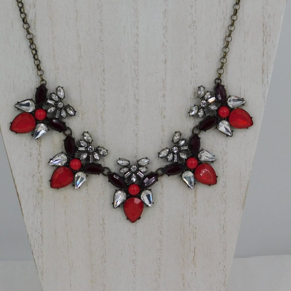 Talbots Red Clear Rhinestone Crystal Acrylic Bead Statement Bib Necklace New Tag